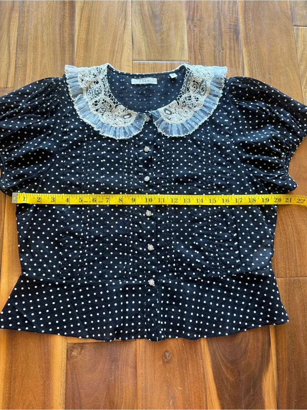 Doen Oleta blouse Lace-Collar Puff Sleeve Polka Dot Top 100% cotton
